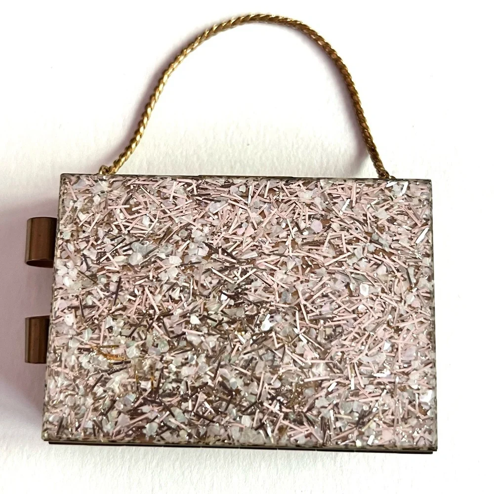 Retro Vintage Gold Tone Metal Glitter Compact Makeup Bag Purse Case Travel